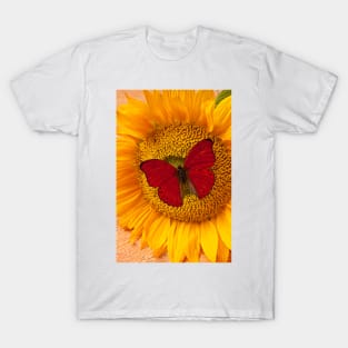 Red Butterfly On Sunflower T-Shirt